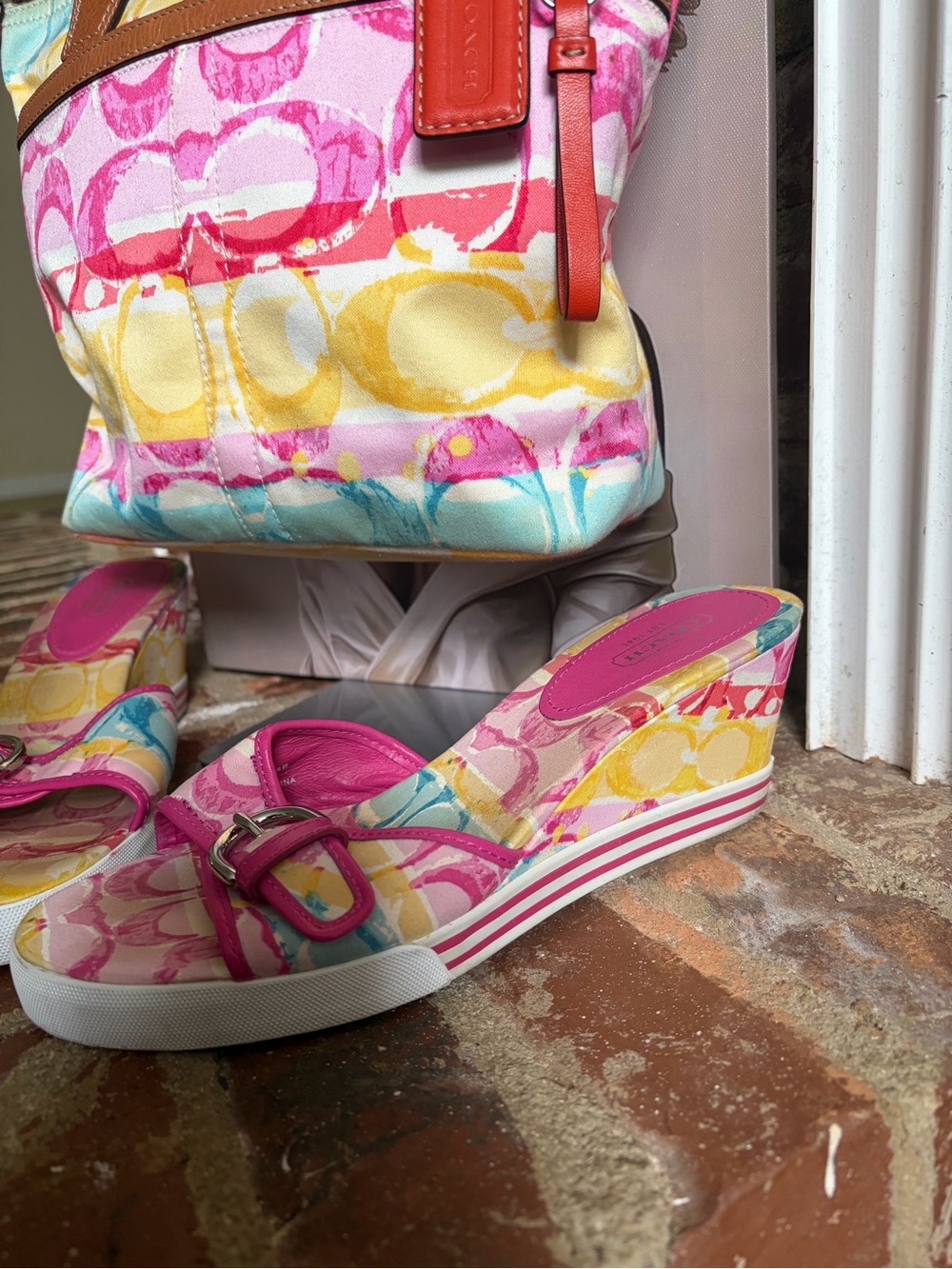 Coach Hamptons Weekend tote ft. a multicolored watercolor canvas w/ Shoes - Picture 5 of 15